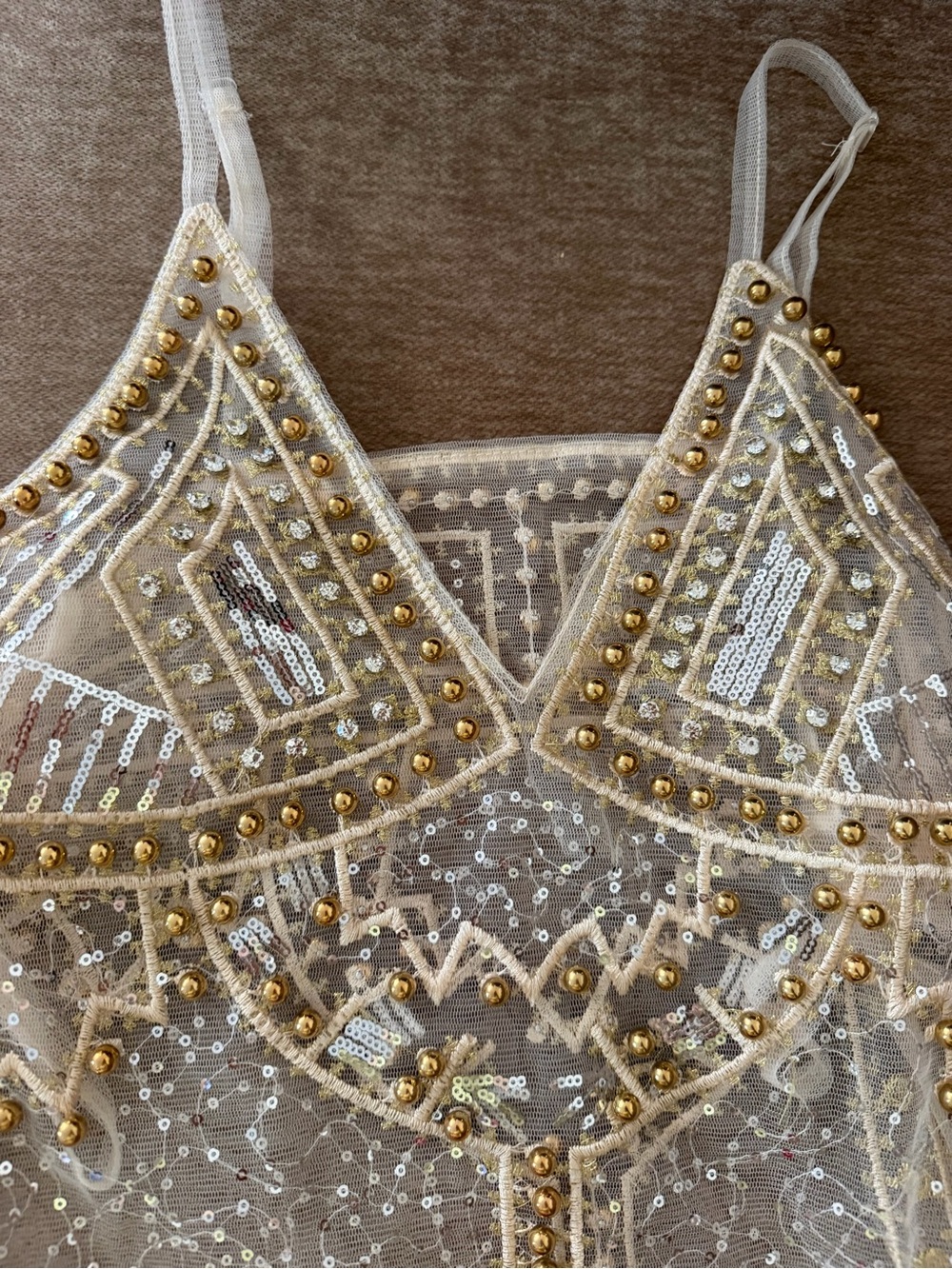 Gold-Embellished Ivory Beaded Cami Top - Picture 4 of 5